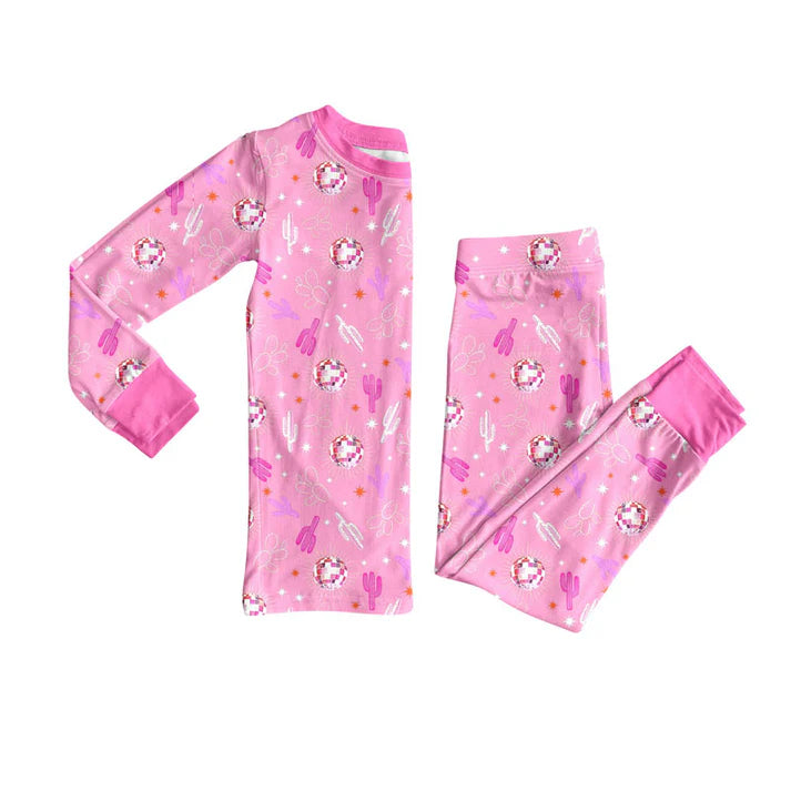 Preorder (moq 8)Baby Girls Pink Cactus Stars Top Pants Western Pajamas Sets 9.11