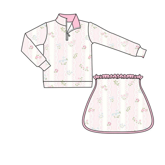 Preorder(moq 5) Baby Girls Long Sleeve Hearts Flowers Stripe Zipper Pullover Skorts Clothes Sets 11.12