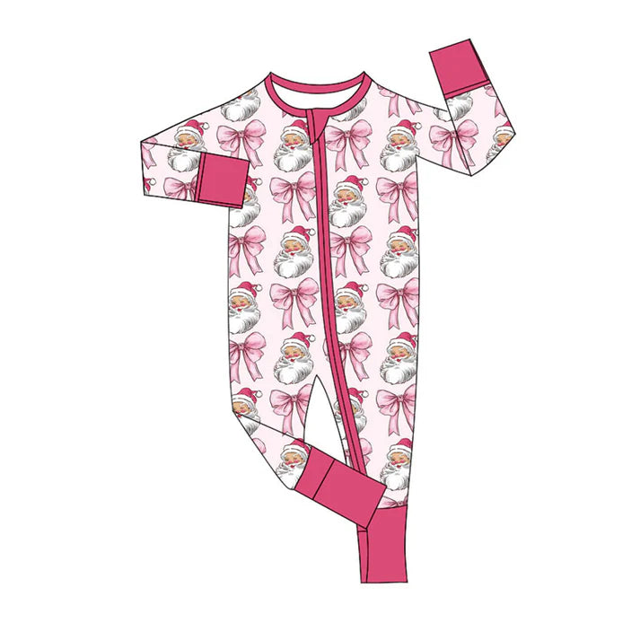 Preorder (moq 8)Baby Girls Pink Santa Bows Christmas Zipper Footie Rompers 9.18
