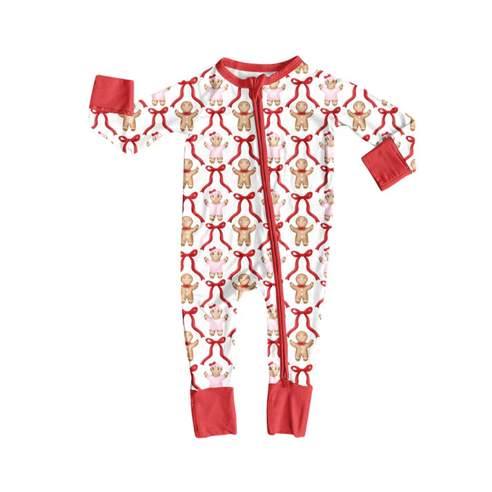 Preorder(moq 5)Baby Infant Christmas Gingerbread Bows Zipper Footie Rompers 8.11