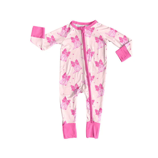 Preorder (moq 5)Baby Girls Pink Bows Boots Valentine Zipper Footie Rompers 9.3