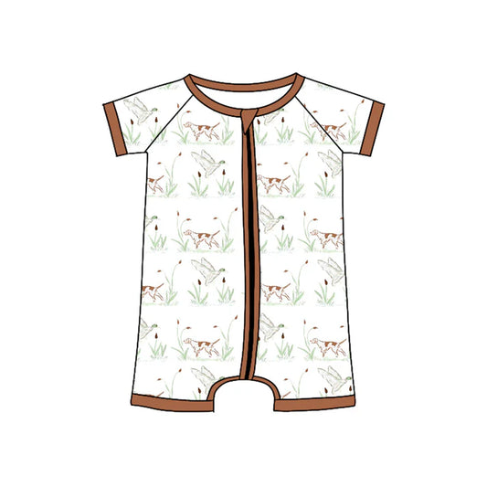 Preorder (moq 5)Baby Boys Brown Short Sleeves Ducks Dogs Zipper Rompers 5.14
