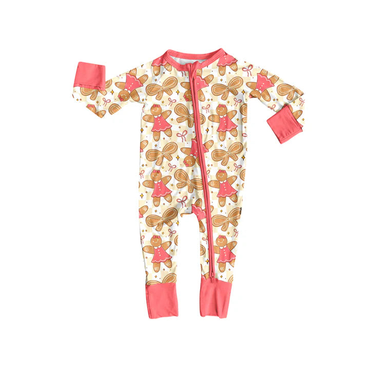 Preorder (moq 5)Baby Girls Long Sleeves Pink Bows Gingerbread Plaid Zipper Romper 7.5