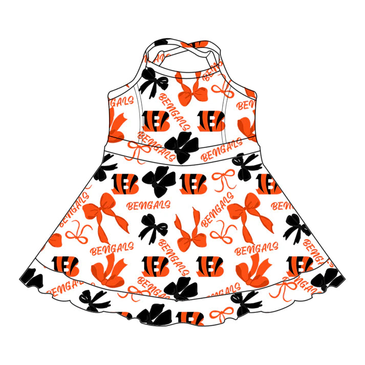 Preorder (moq 5)Baby Girls Strap Bengals Bows Plaid Shorts Ruffle Team Knee Length Dresses 6.30