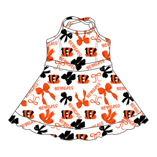 Preorder (moq 5)Baby Girls Strap Bengals Bows Plaid Shorts Ruffle Team Knee Length Dresses 6.30