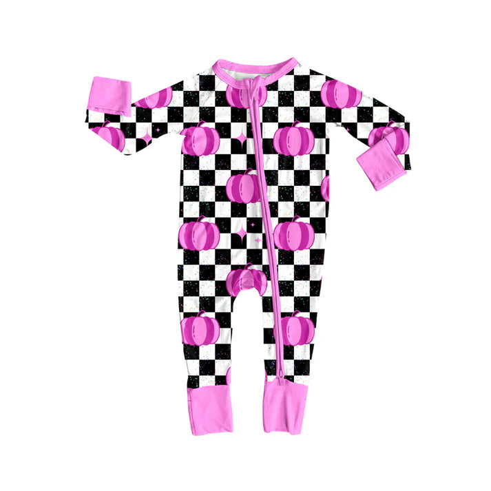 Preorder (moq 5)Baby Girls Long Sleeves Hot Pink Pumpkins Black Plaid Zipper Romper 7.5