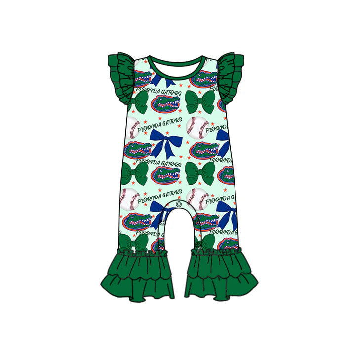 Preorder (moq 5)Baby Girls Green Flutter Sleeves Baseball Bows Crocodiles Ruffle Pant Team Rompers 6.16