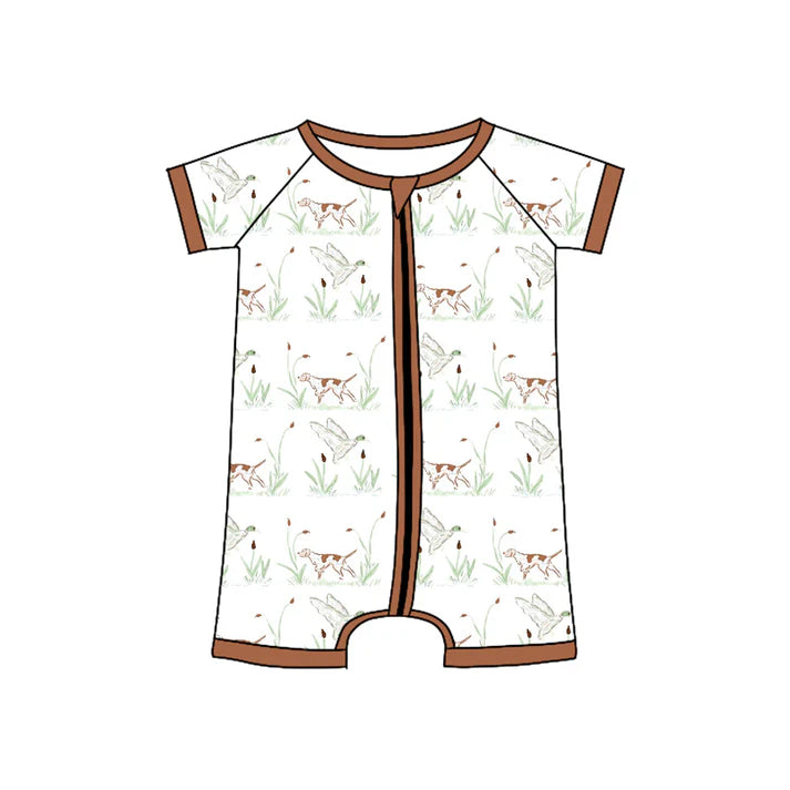 Preorder (moq 5)Baby Boys Brown Short Sleeves Ducks Dogs Zipper Rompers 4.28