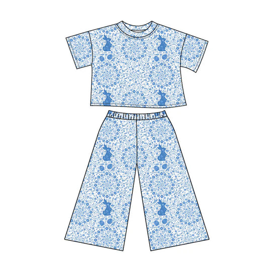 Preorder(moq 5) Baby Girls Blue Floral Rabbits Eggs Top Flare Pants Easter Clothes Sets 11.4