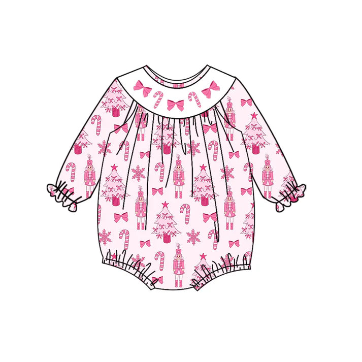 Preorder (moq 5)Baby Girls Long Sleeves Pink Trees Soldiers Bows Ruffle Romper 7.5
