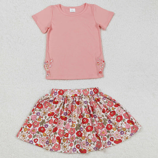 Baby Girls Clothes Coral Bow Embroidery Tops Flowers Skort Skirt Clothes Sets GSD1721