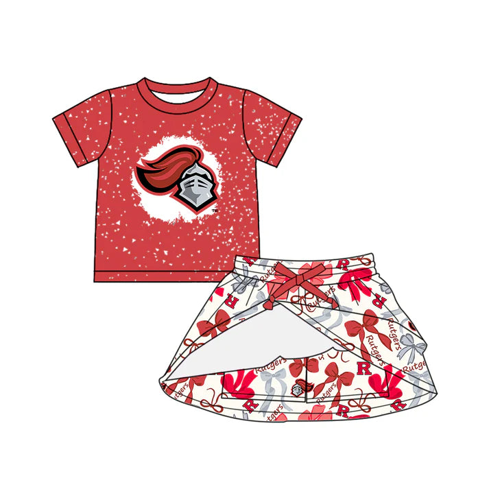Preorder (moq 5)Baby Girls Red Short Sleeves Rutgers Top Bows Plaid Skorts Team Set 6.16