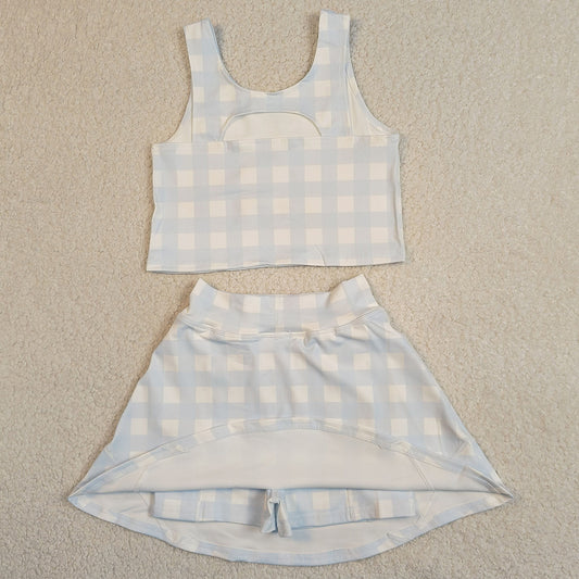 Baby Girls Clothes Light Blue Checked Vests Top Skirt Short Yoga Active Clothes Set GSD3839
