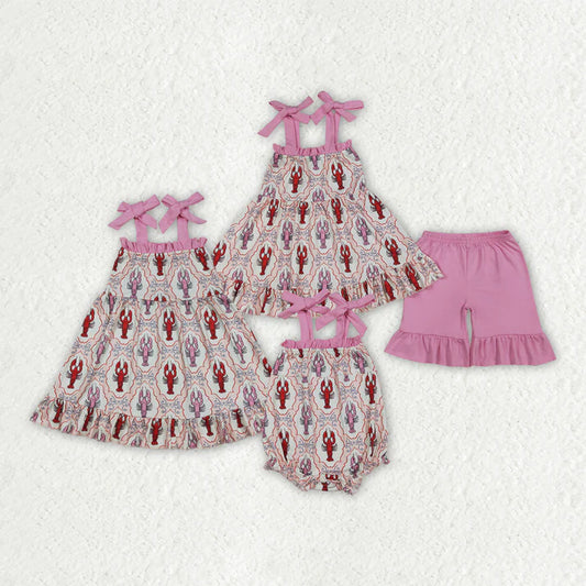 Sibling Baby Girls Crayfishes Bows Checked Tunic Ruffle Short Clothes Set Dress Rompers