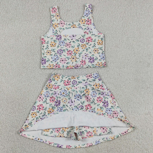 Baby Girls Clothes Colorful Flowers Vests Top Skirt Short Yoga Active Clothes Set GSD3838