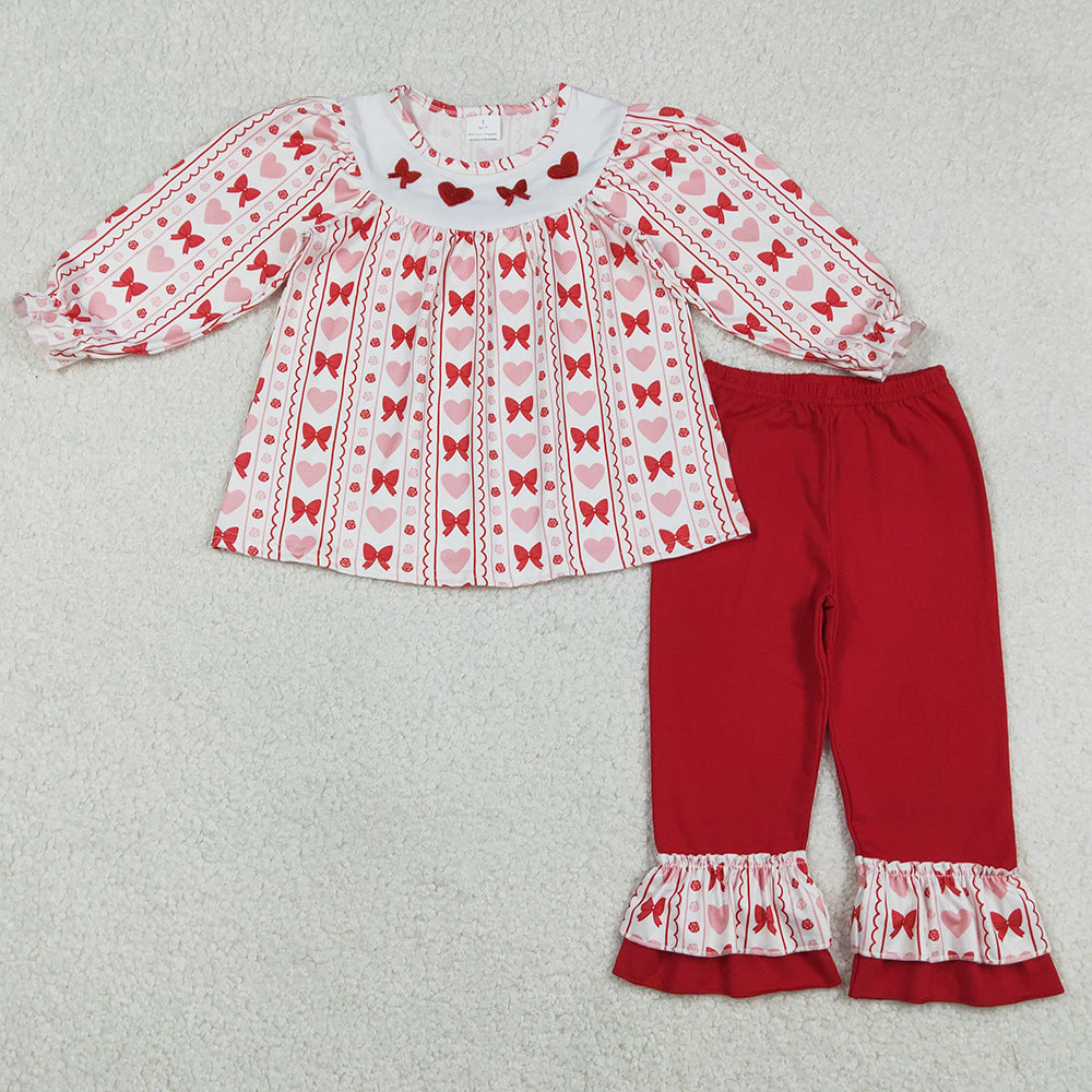 Baby Girls Embroidery Bows Hearts Stripe Tunic Ruffle Pants Valentines Clothes Sets GLP2888 12.23