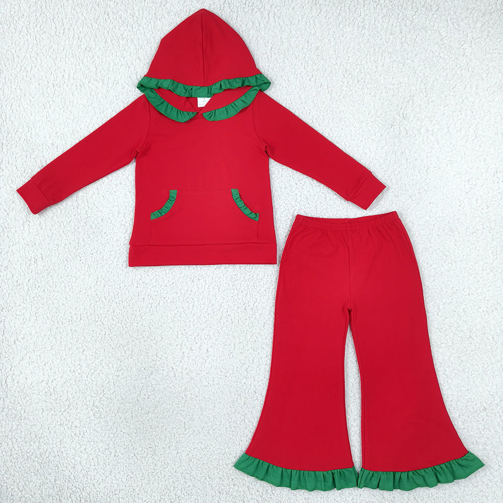 Baby Girls Clothes Red Green Pocket Ruffle Hoodie Flare Pant Clothes Set GLP3751