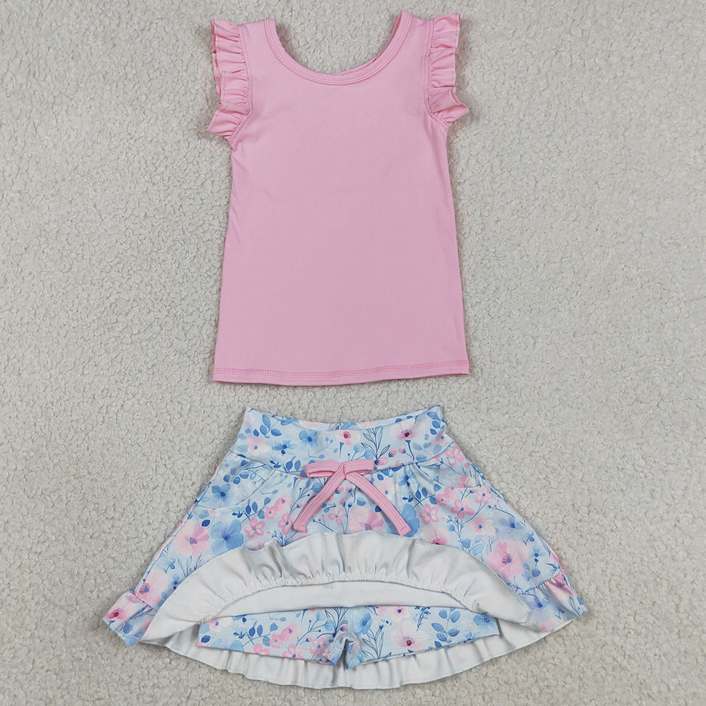 Baby Girls Clothes Pink Vest Colorful Floral Pockets Skirt Short Yoga Active Clothes Set GSD3773