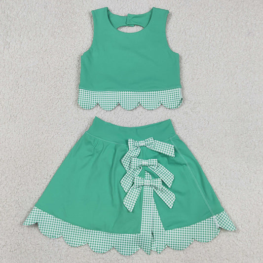 Baby Girls Clothes Green Vest Tops Bows Skirt Shorts Yoga Active Scallop Clothes Sets GSD3320