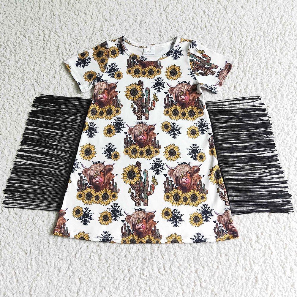 Fashion Baby Girls Dress Western Style Boutique Toddler Girl Dress Cow Sunflower Girl Tassel Dresses GSD0084