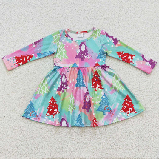Christmas Tree Print Boutique Girls Dress Long Sleeve Dresses GLD0241 11.13