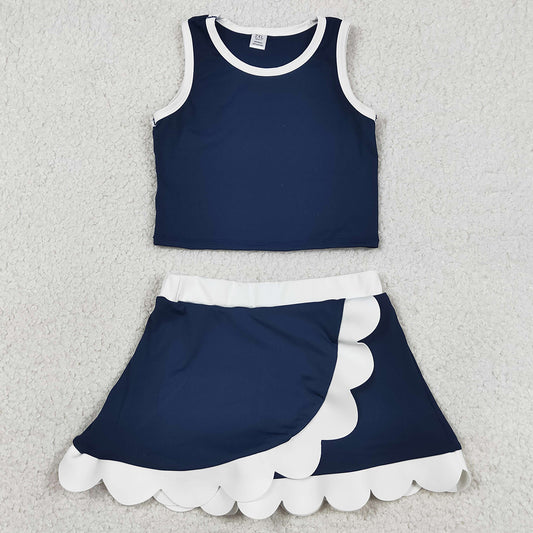 Baby Girls Clothes Sleeveless Navy White Vest Scallop Skirt Short Yoga Active Clothes Sets GSD4024