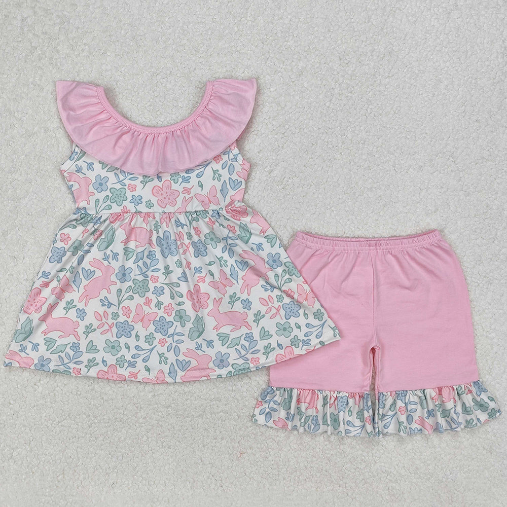 Baby Girls Clothes Pink Easter Rabbits Tunic Top Ruffle Shorts Sets GSSO1881