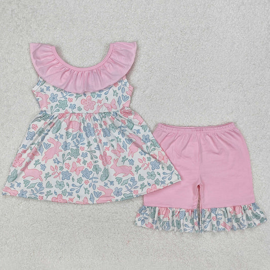 Baby Girls Clothes Pink Easter Rabbits Tunic Top Ruffle Shorts Sets GSSO1881