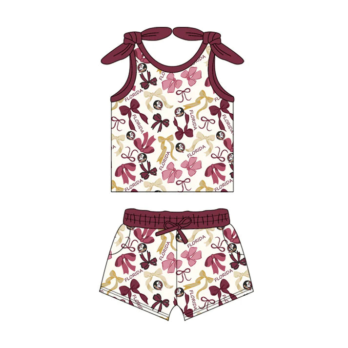 Preorder MOQ 5 pcs sleeveless feather bow top shorts girls team clothes 8.26