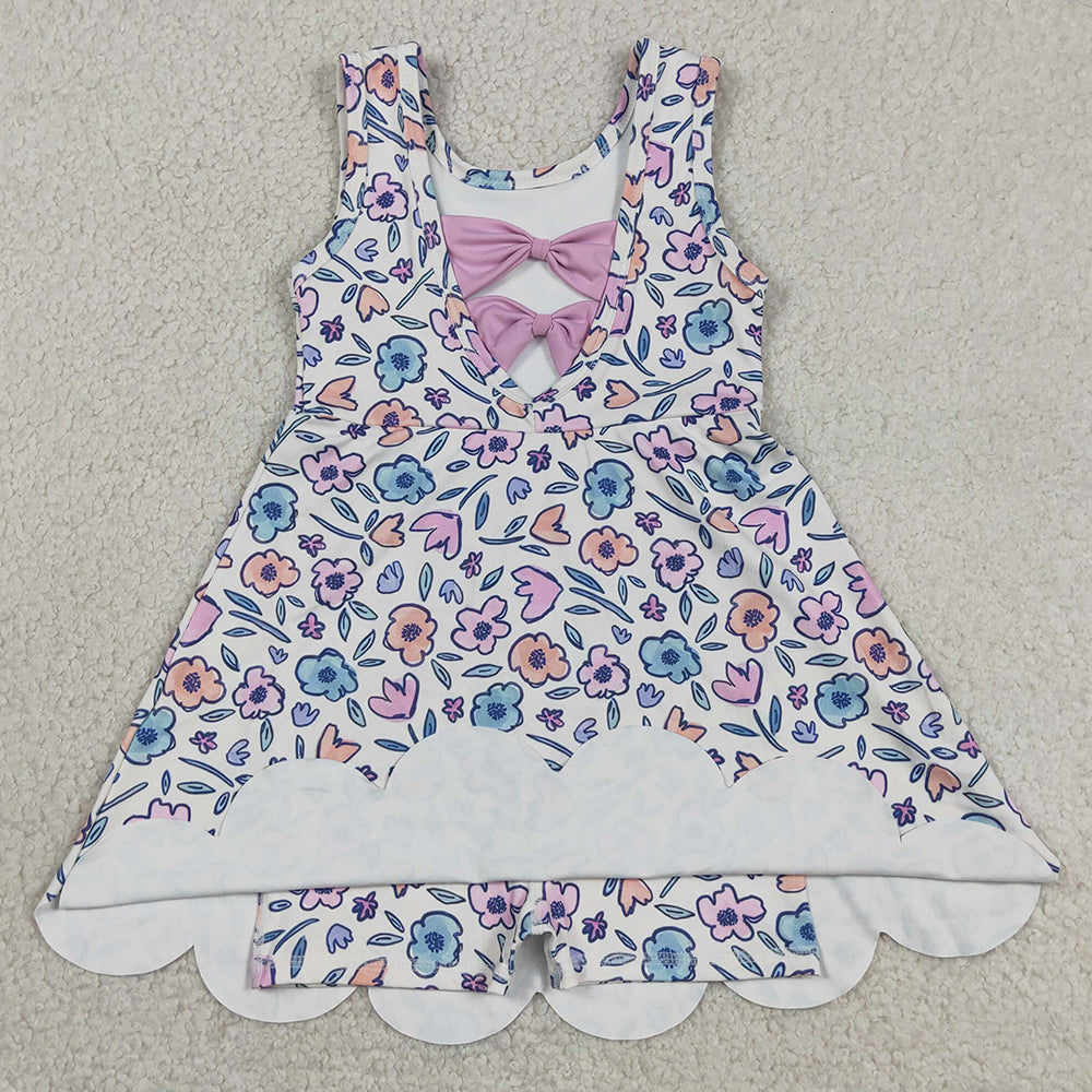 Baby Girls Clothes Colorful Flowers Back Bows Yoga Active Short Scallop Knee Length Dress GSD3808