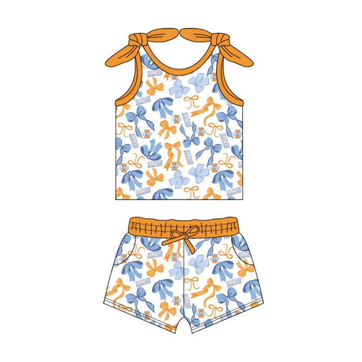 Preorder MOQ 5 pcs sleeveless I yellow bow top shorts girls team clothes 8.23