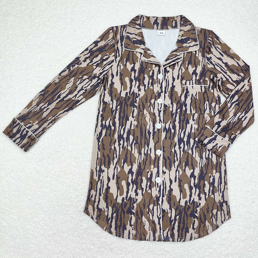 Adult Women Shirts Camo Green Fall Buttons Lounge Tops GT0696