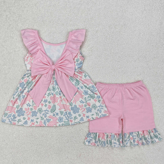 Baby Girls Clothes Pink Easter Rabbits Tunic Top Ruffle Shorts Sets GSSO1881