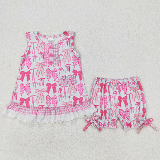 Baby Girls Clothes Pink Bows Tunic Top Shorts Sets GSSO2187