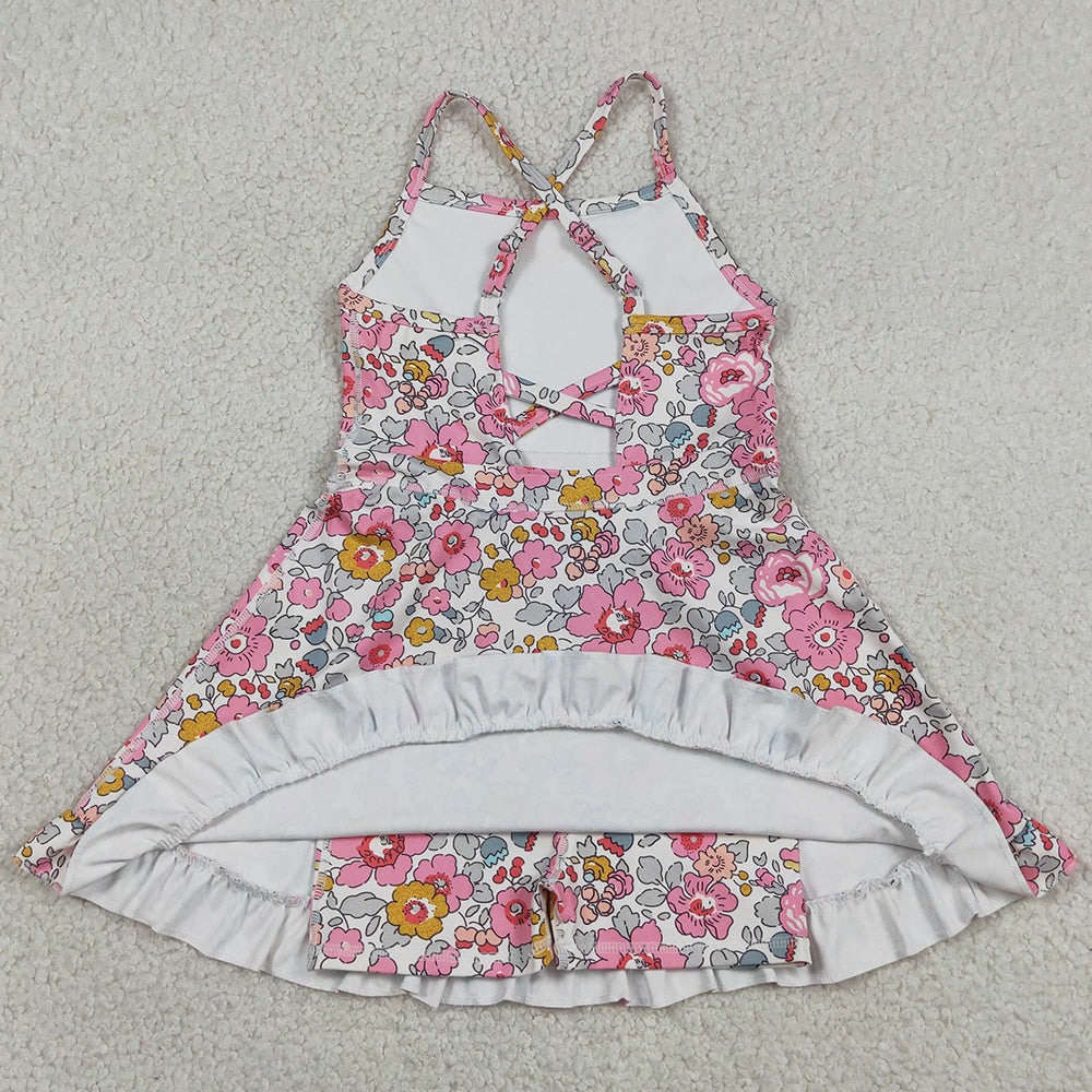 Baby Girls Dress Pink Strap Colorful Floral Yoga Active Ruffle Knee Length Dresses GSD2278