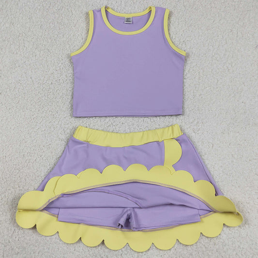 Baby Girls Clothes Lavender Yellow Vest Scallop Skirt Short Yoga Active Clothes Sets GSD4011