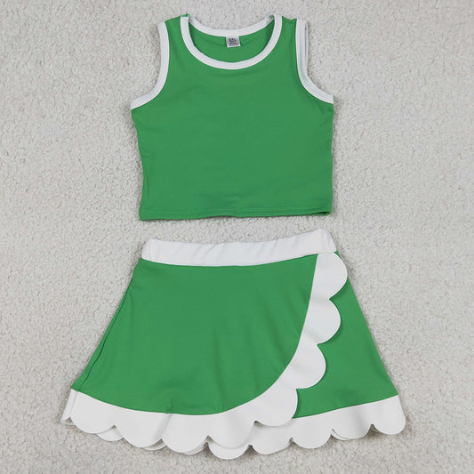 Baby Girls Clothes Sleeveless Green Vest Scallop Skirt Short Yoga Active Clothes Set GSD4025