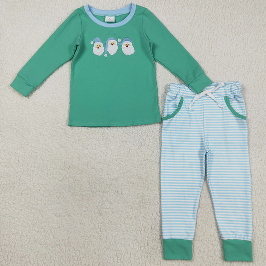 Baby Boys Clothes Green Embroidery Santa Top Stripe Pockets Legging Christmas Set BLP1168 8.16