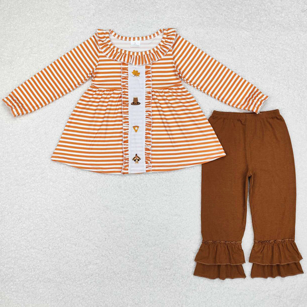 Baby Girls Clothes Orange Thanksgiving Turkey Tunic Tops Ruffle Pants Sets GLP1435