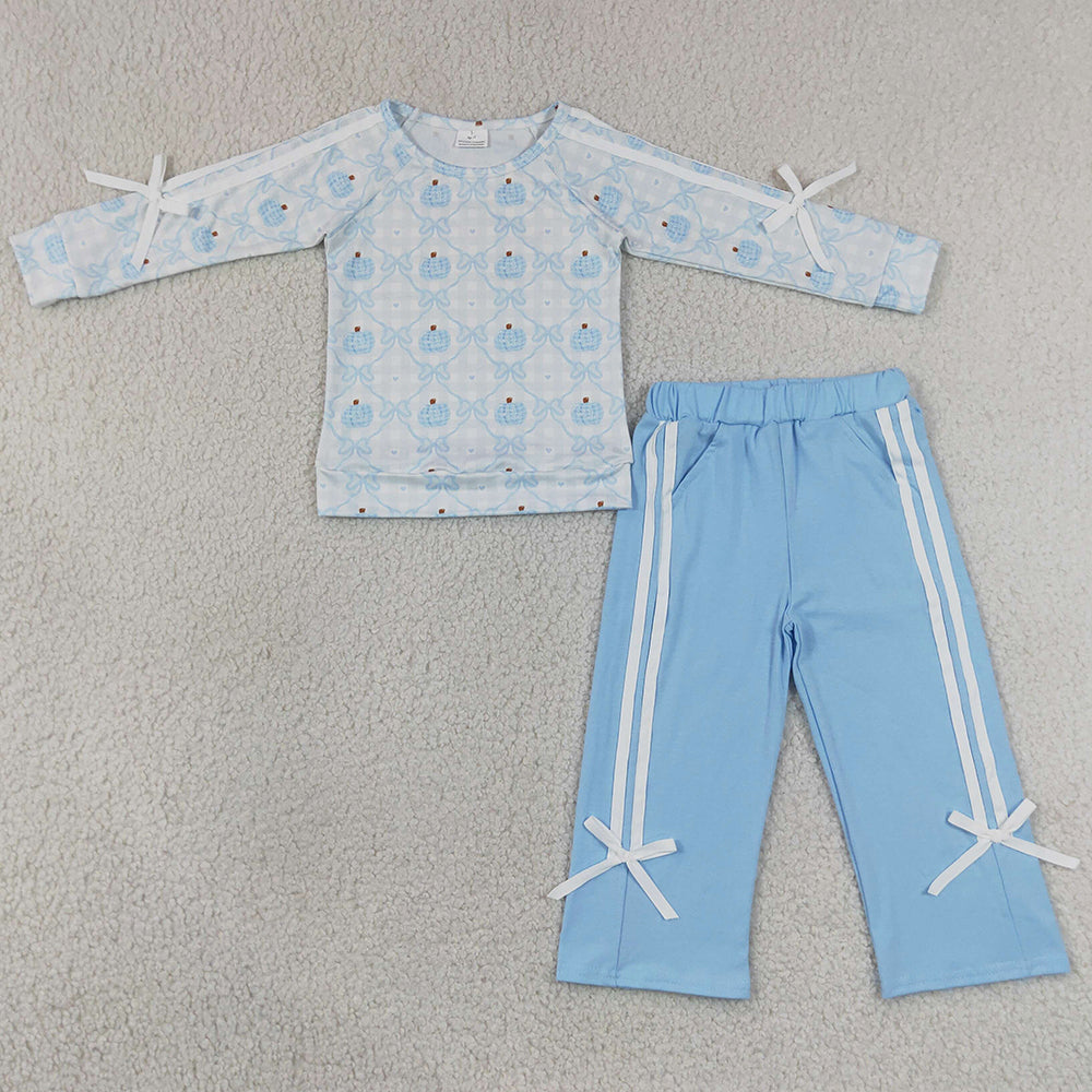 Baby Girls Clothes Blue Bows Pumpkins Checked Top Pockets Pant Halloween Fall Clothes Sets GLP3351