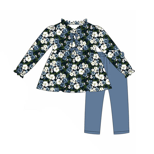 Preorder(moq 5) Baby Girls Hot Blue Long Ruffle Sleeves Floral Tunic Legging Pants Set 7.24