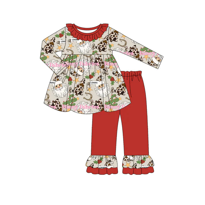 Preorder (moq 5)Baby Girls Long Sleeves Santa Leopard Trees Tunic Red Ruffle Pant Sets 6.13