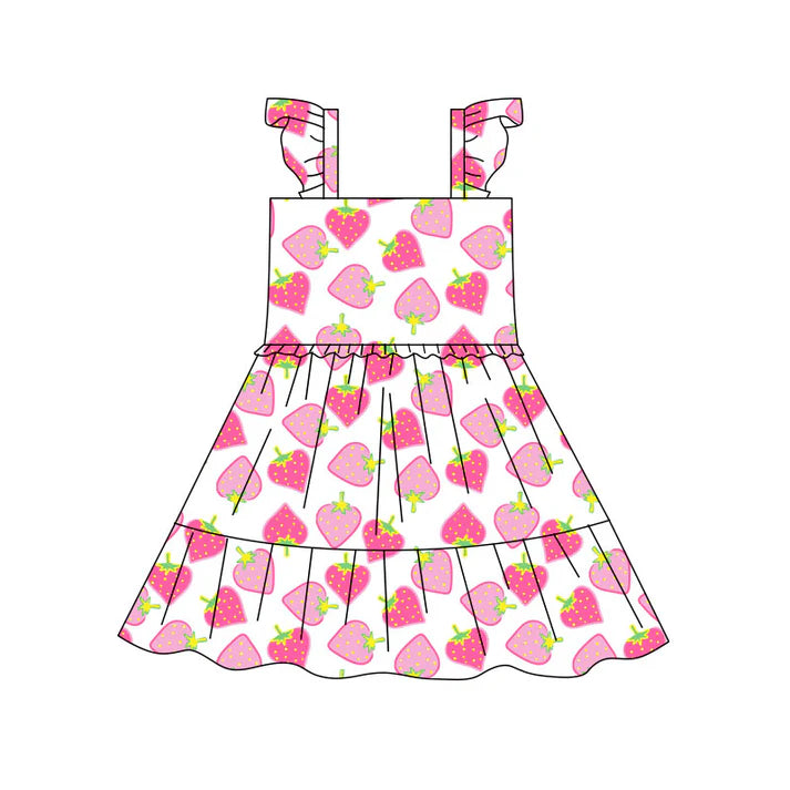 Preorder(moq 5) Baby Girls Pink Strawberry Plaid Patchwork Knee Length Dresses 10.17