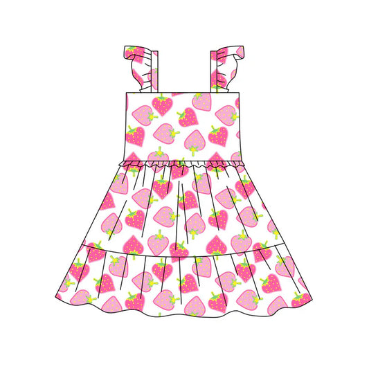Preorder(moq 5) Baby Girls Pink Strawberry Plaid Patchwork Knee Length Dresses 10.17