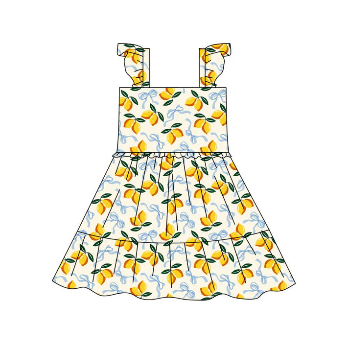 Preorder(moq 5) Baby Girls Bows Lemons Plaid Patchwork Knee Length Dresses 10.17