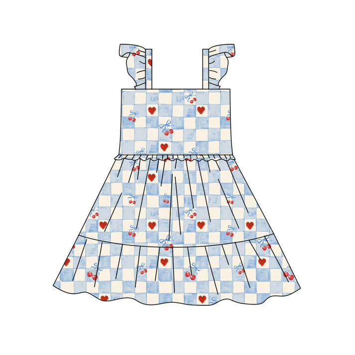 Preorder(moq 5) Baby Girls Blue Checked Hearts Cherry Patchwork Knee Length Dresses 10.17