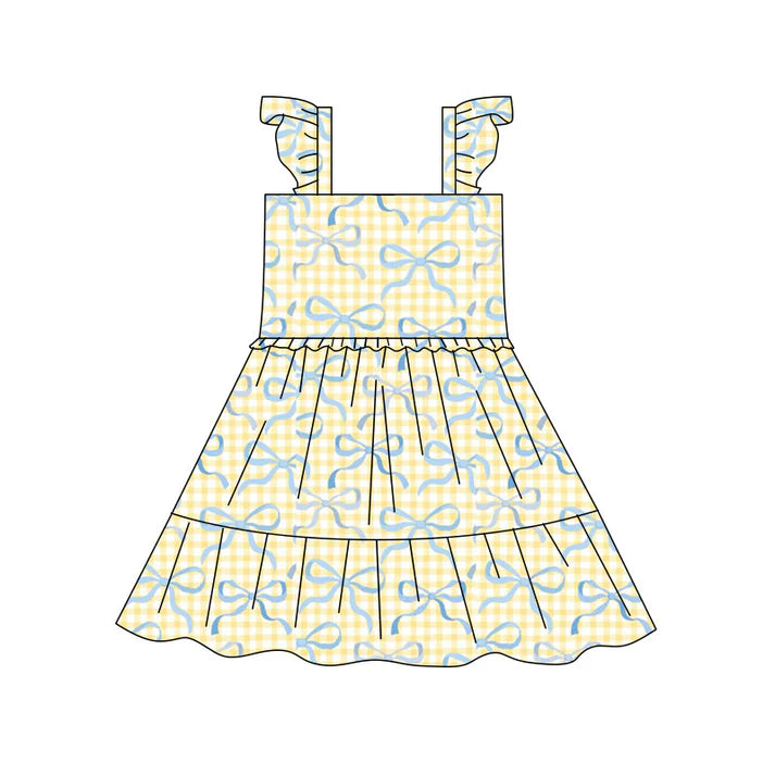 Preorder(moq 5) Baby Girls Yellow Checked Bows Patchwork Knee Length Dresses 10.17