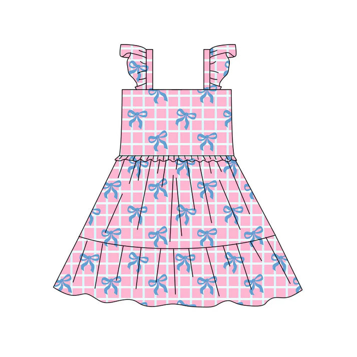 Preorder(moq 5) Baby Girls Pink Checked Bows Patchwork Knee Length Dresses 10.17