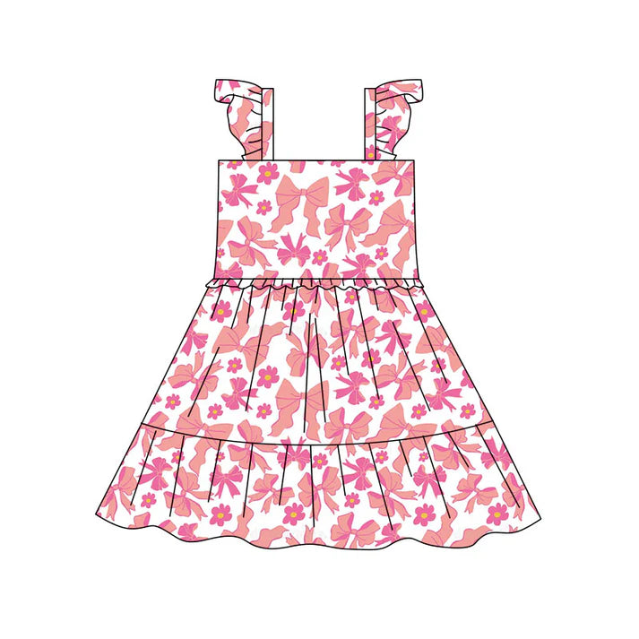 Preorder(moq 5) Baby Girls Pink Flowers Bows Patchwork Knee Length Dresses 10.17
