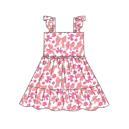 Preorder(moq 5) Baby Girls Pink Flowers Bows Patchwork Knee Length Dresses 10.17